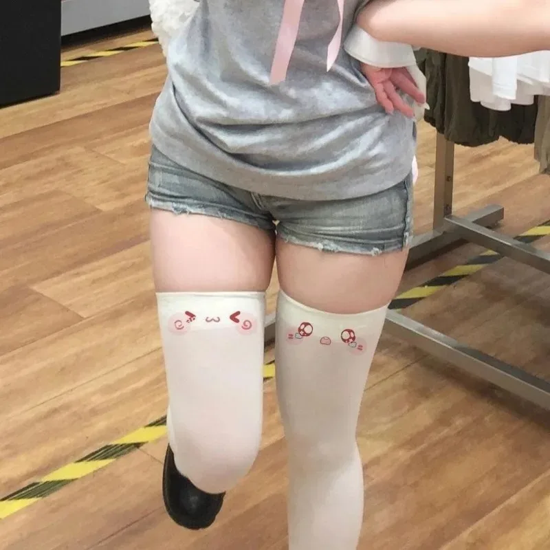 Japanese Kawaii Expression Thigh Socks White Print Long Socks JK Harajuku Over Knee Thigh High Stockings Y2K Cosplay Socks