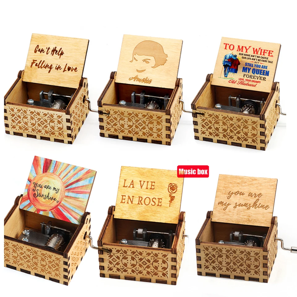 2026 JIJ bent mijn zonneschijn Muziekdoos Leuke Cartoon Houten Vintage Handbediende Speeldoos AAN mijn vrouw Muziekdoos Kerstmis Valentijn
