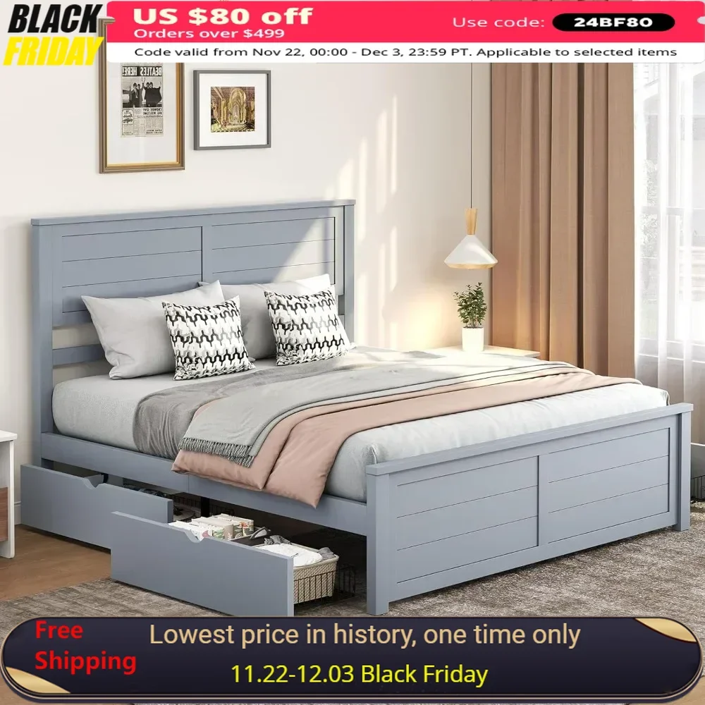 Queen Bed Frame with Headboard & 4 Storage Drawers Wood Bed Frame for Bedroom Wood Slats Support Platform Bed Frame