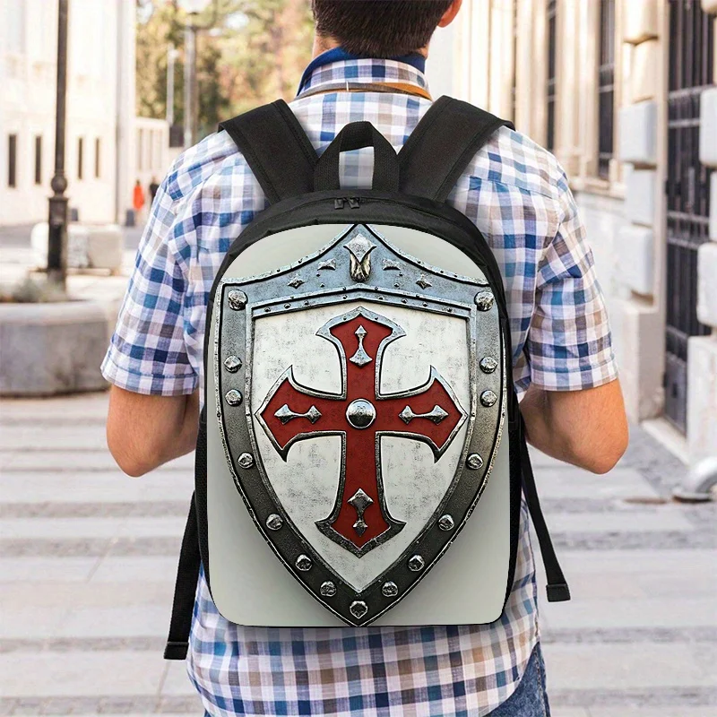 Knights Templar Cross Shield Print Men'S Fashion Backpack, 17-Inch Laptop Bag, Durable Polyester, Zip Closure, Adjustable Straps