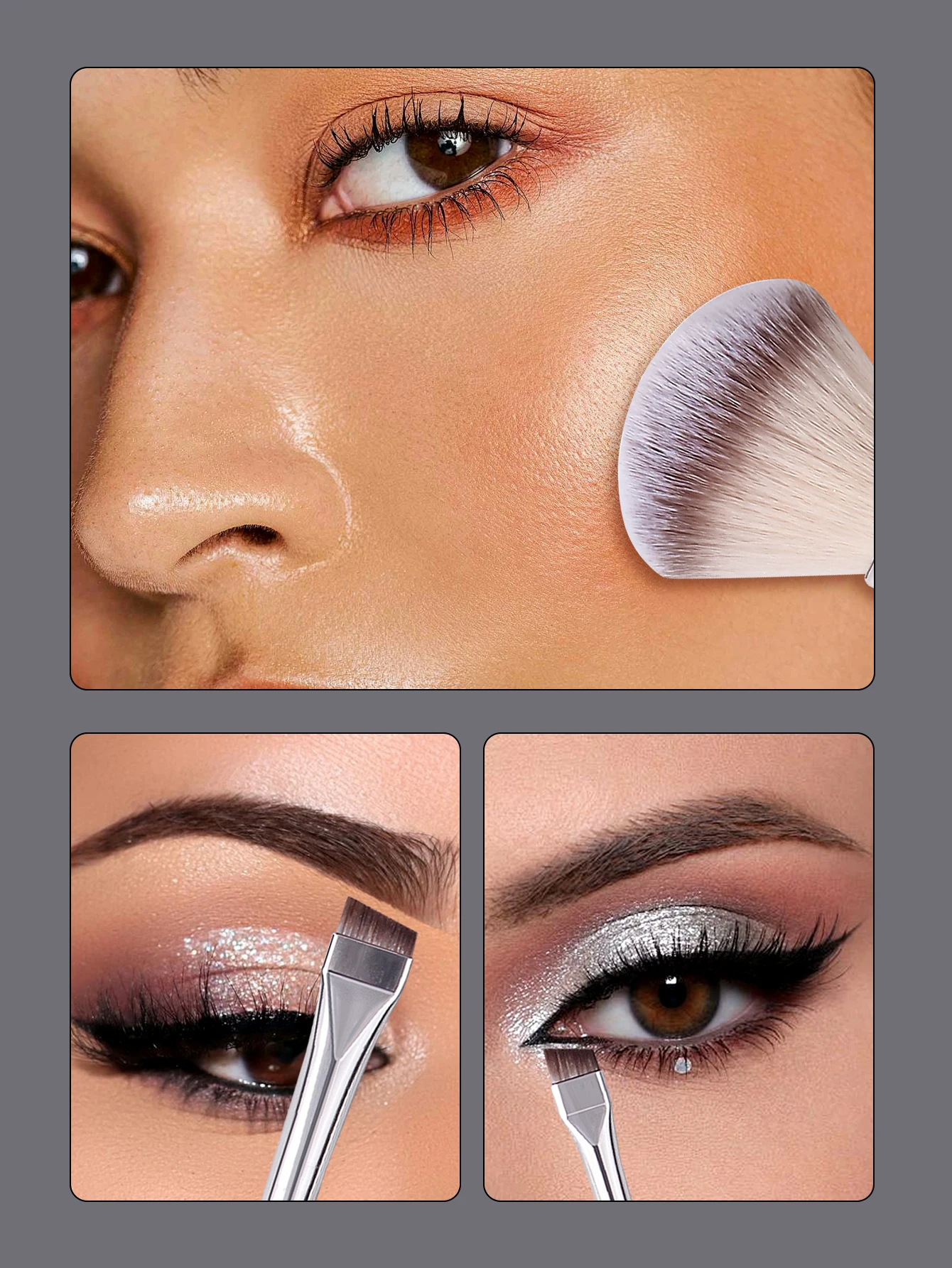 3 pçs prata mini conjunto escova em forma de flor blush escova + dois pincéis de delineador em forma de faca ultra-fino de diferentes tamanhos