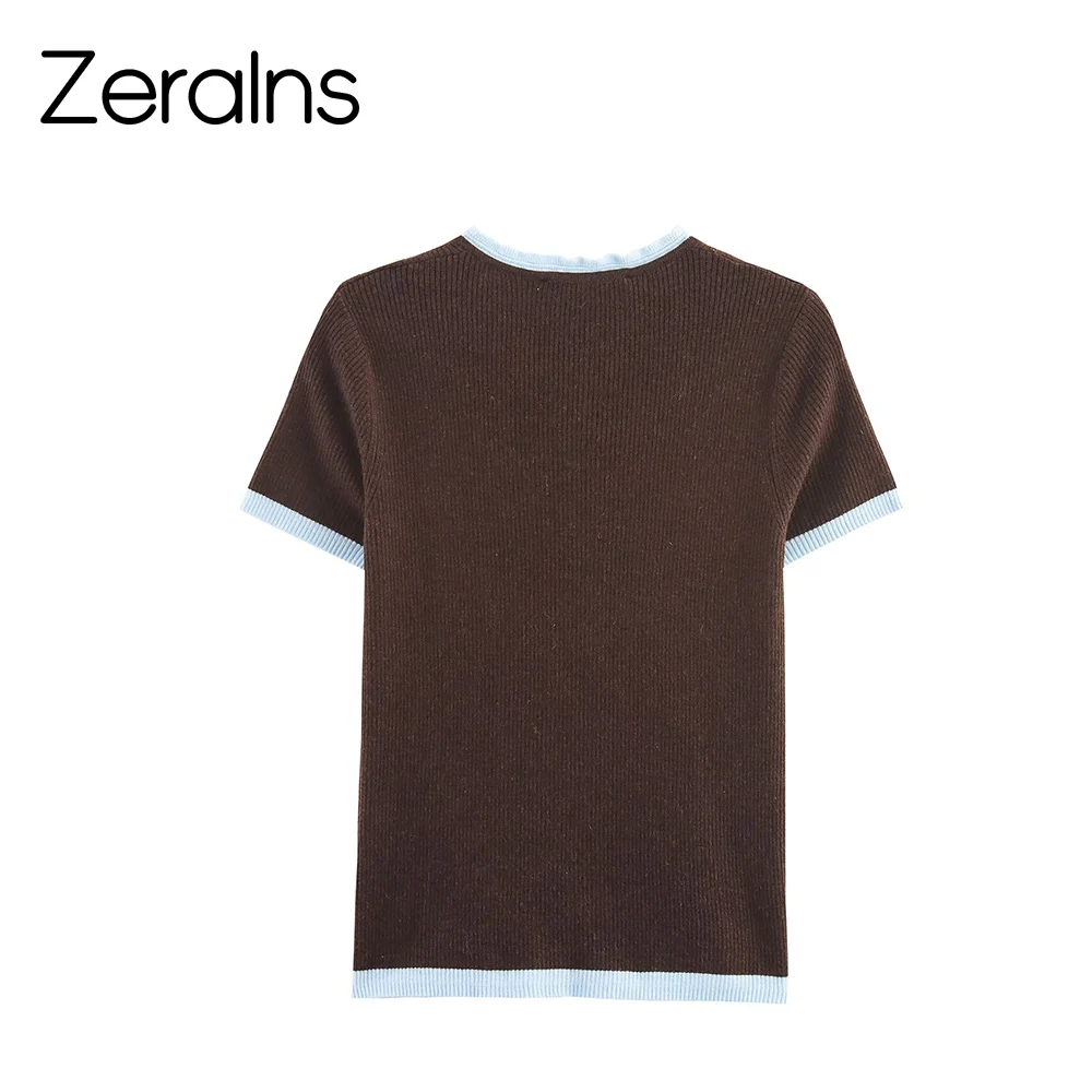 ZERAINS 2025 خريف جديد ملابس نسائية حلوة وعصرية رقبة مستديرة دانتيل اللون حظر سترة محبوكة بأكمام قصيرة #2