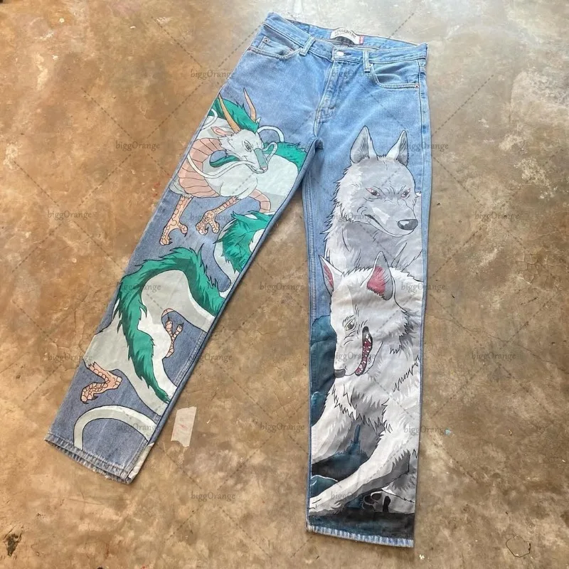 Harajuku Y2K Anime peint Denim jean hommes Hip-hop à la mode Streetwear pantalon haute rue rétro polyvalent décontracté pantalon droit