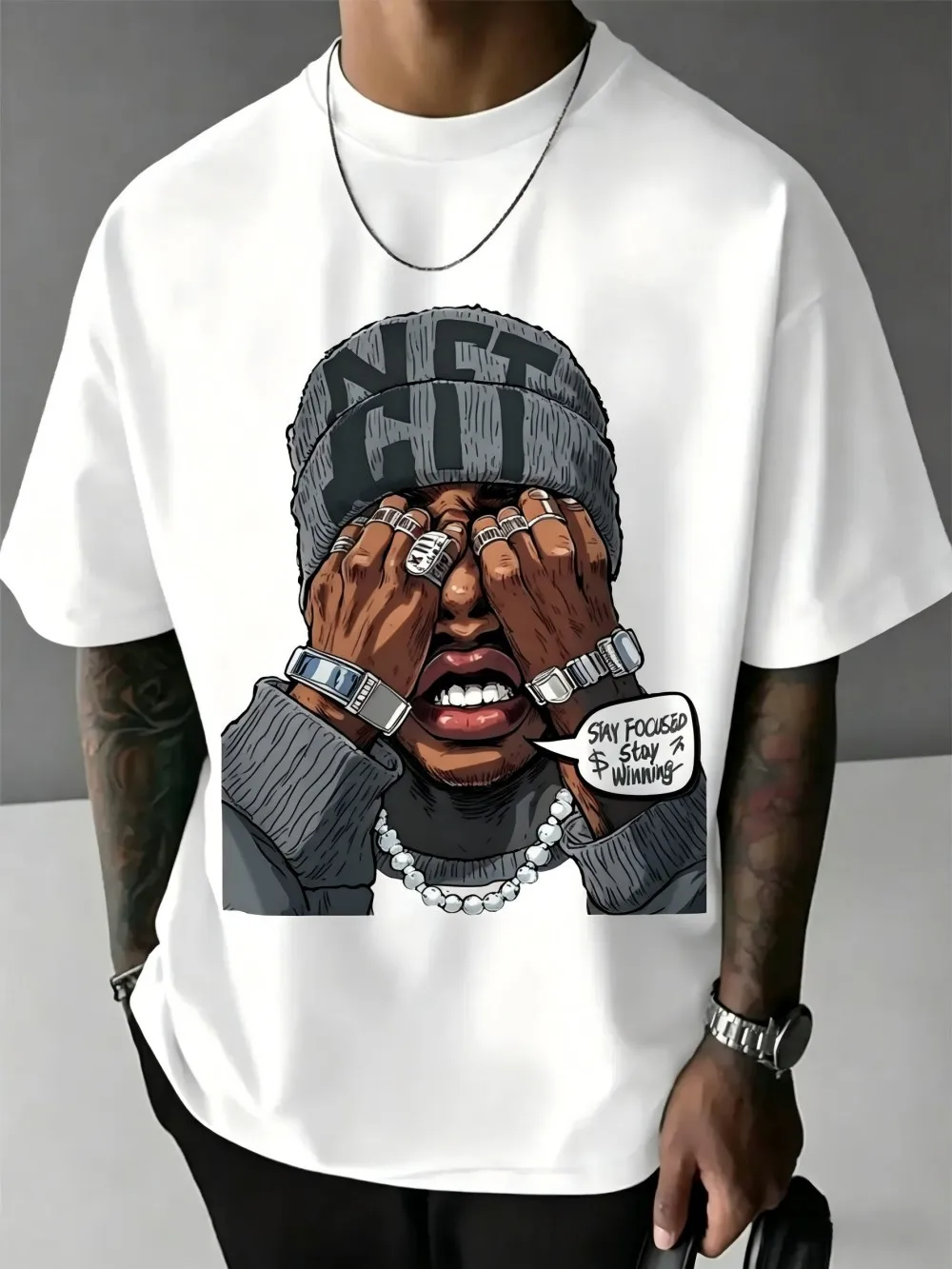 Family Matching T‑Shirt Black Hip‑Hop Cover‑Eyes Character Comic Portrait Speech Bubble Slogan Chest Print Streetwear Sleeve Tee
