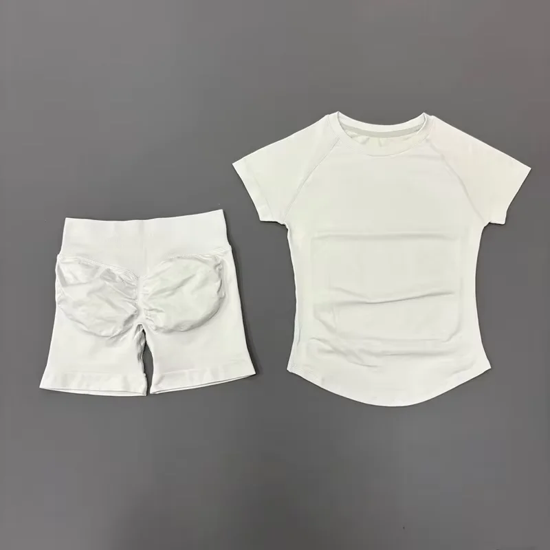 2-delige sportyoga-set Dames Lage taille Heupliftende impactshorts met korte mouwen Gymtraining Sneldrogend Activewear trainingspak