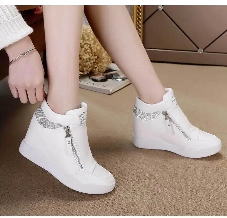 New Genuine Leather White Women Casual Shoes Platform Wedge Female Women Fashion Sneakers Chunky Spring Autumn Keep warm Boots