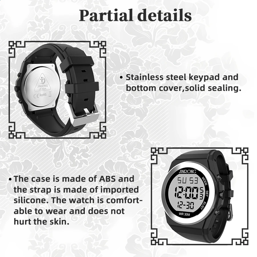 남성용 스포츠 디지털 시계 방수 30M 라운드 다이얼 대형 디스플레이 전자 드라이브 모드-다기능 야외 시계