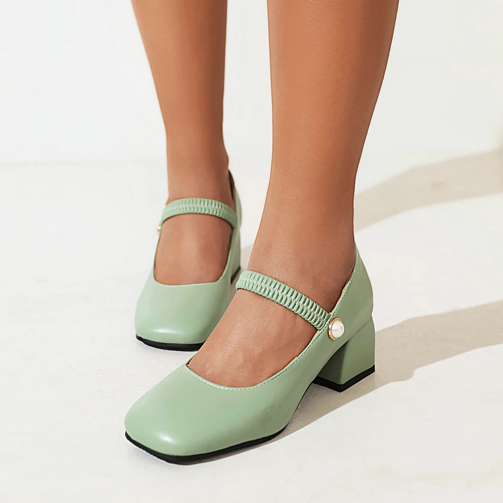 Japanese Sweet Lolita Med Chunky Heels Square Toe Pearl Elastic Band Strappy Princess Shoes Plus Size 34-48 White Purple Blue