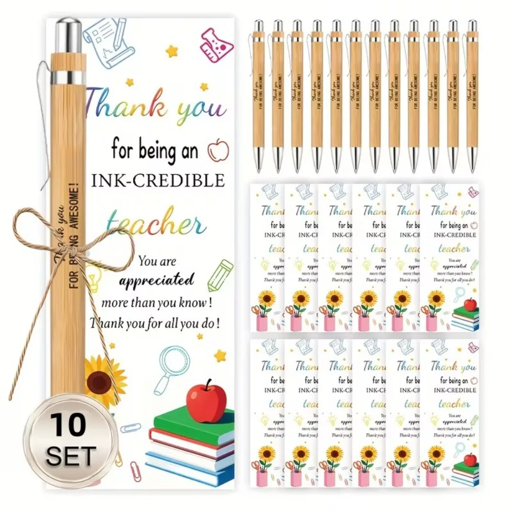 10Sets Teacher Appreciation Gift Bulk, Engraved Bamboo Ballpoint Pens with Thank You Greeting Cards  Gifts Holiday Presents