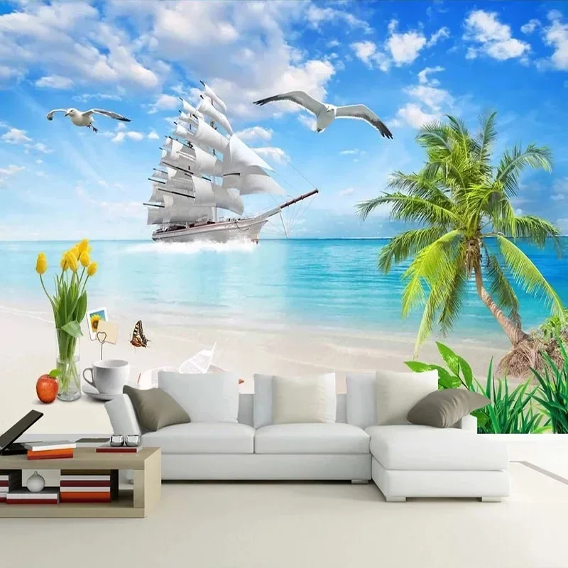 

Custom Mural Wallpaper 3D Seaside Landscape Coconut Tree Photo Wall Painting Living Room Bedroom Hotel Papel De Parede Sala 3 D