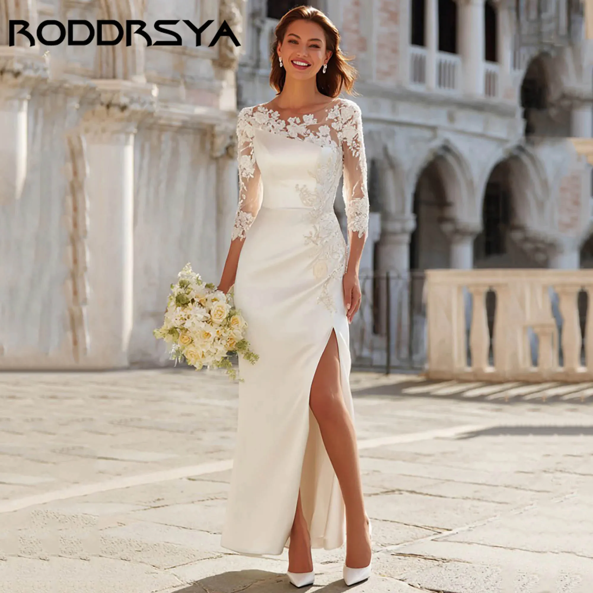 

RODDRSYA Long Sleeve Satin Engagement Dress Elegant Appliques Mermaid Slit Bridal Gowns Tea-length vestidos de novia Customized