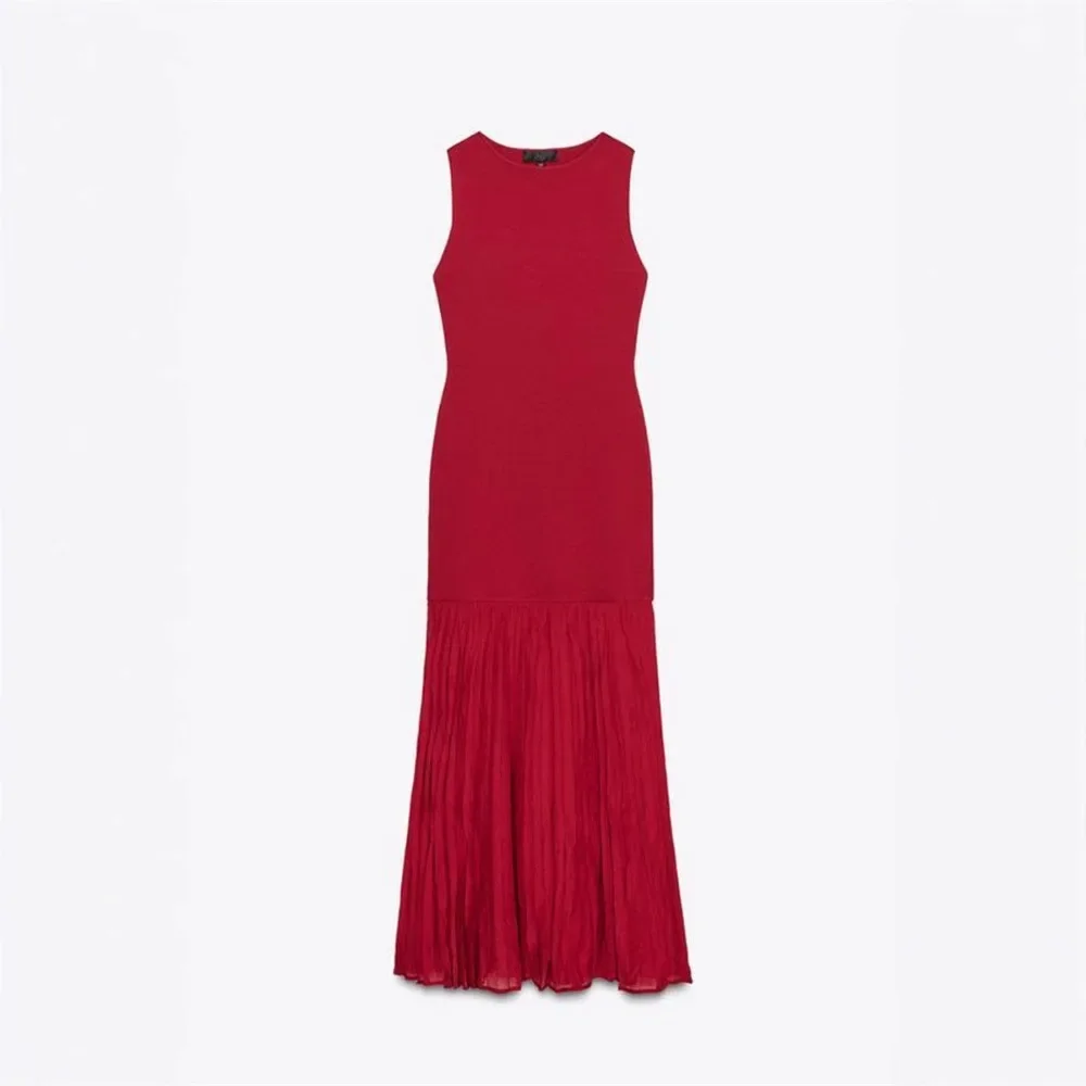 

Spring Summer New Women's Dress Pleated Patchwork Simple Temperament Knitted Sleeveless Long Dresses for Women