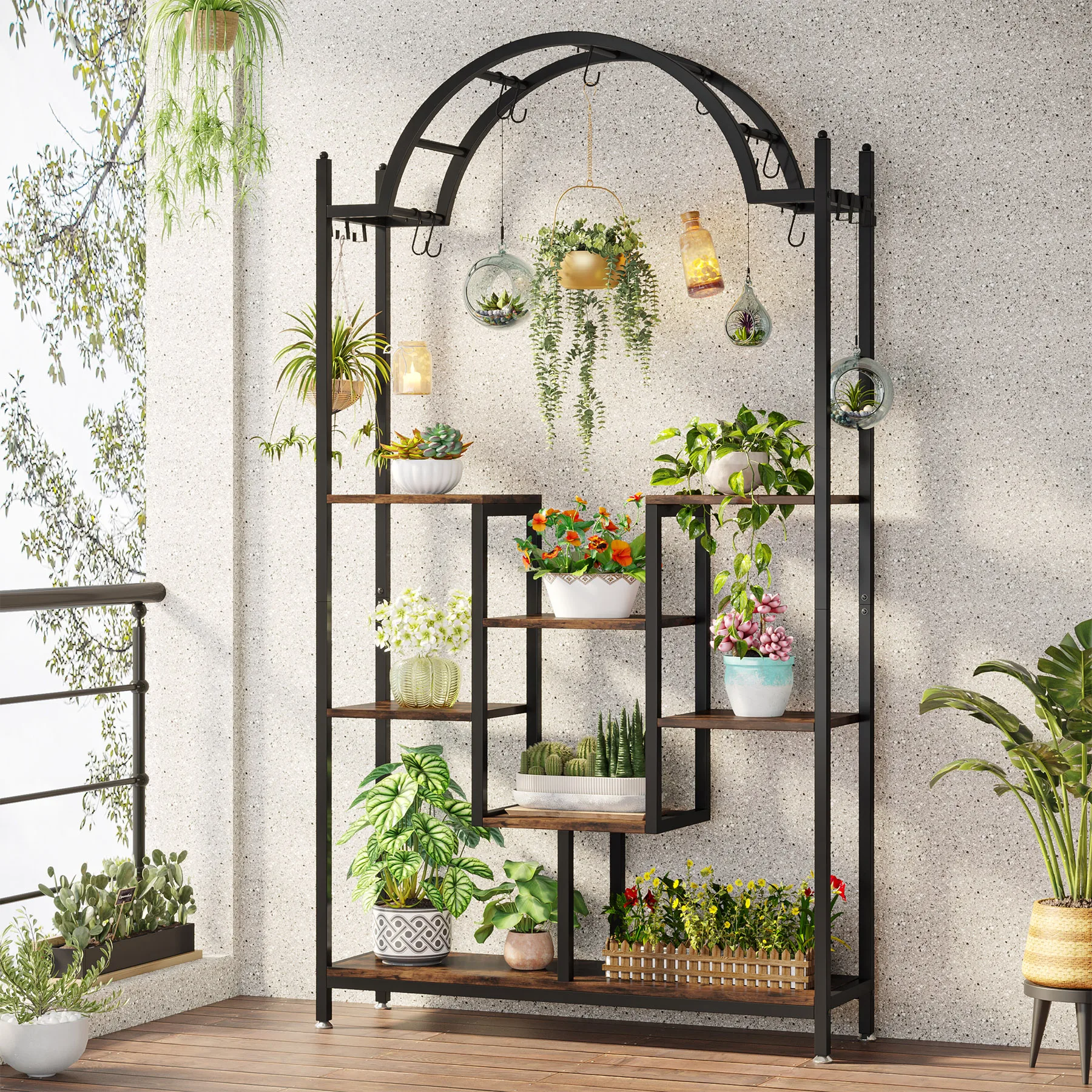 Tribesigns 5-Tier Tall Indoor Plant Stand, 74.8'' Arched Metal Flower Shelf with Hanging Hooks, Large Bonsai Pots Display Rack