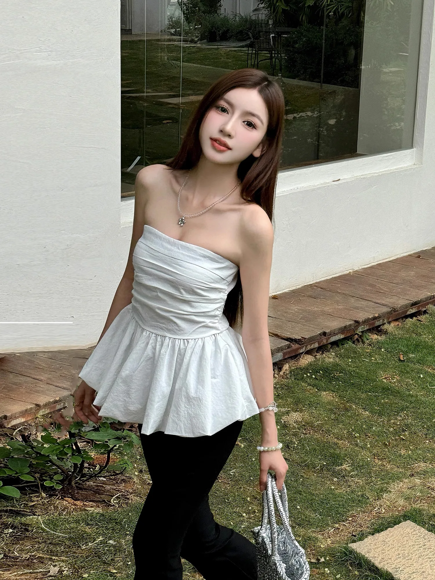 

High Waist Pleated Slim Fit Design Sense Tube Top Vest Pure Desire Wind Flower Bud Skirt Hem Top Summer Breathable Thin Polye...