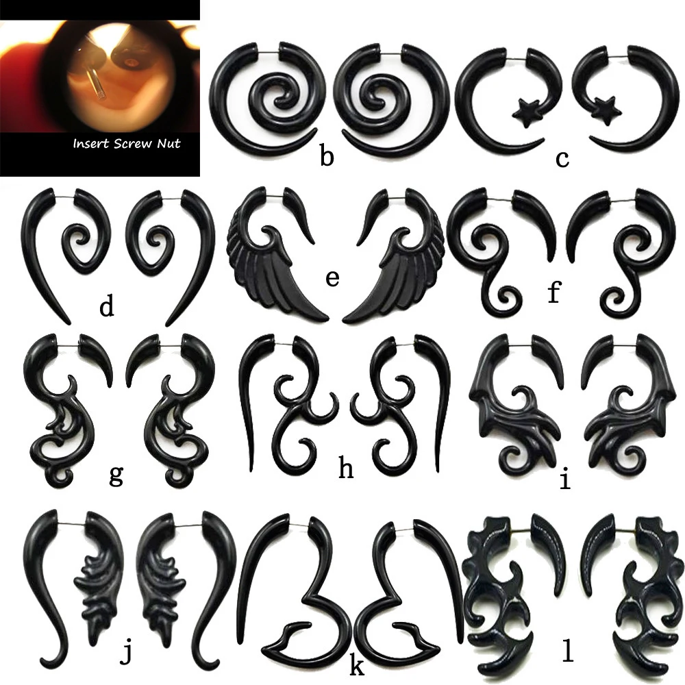 2 Pcs Black Acrylic Fake Ear Plugs and Tunnels Stainless Steel Screwed Earring Expander Spiral Wing Punk Ear Gauges Body Jewelry