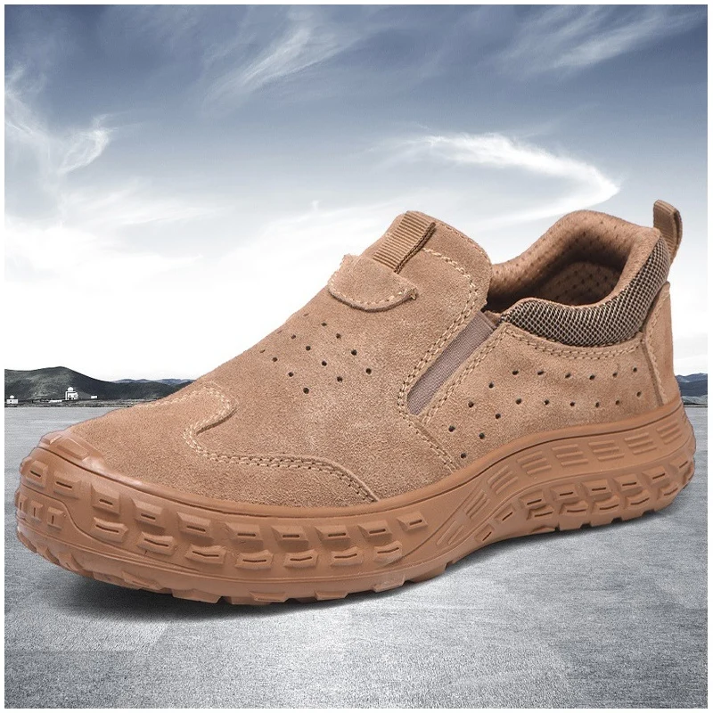 

Мужские повседневные дышащие стальные носки большого размера, рабочая защитная обувь, защитные ботинки из коровьей замши без шнуровки, безопасная обувь