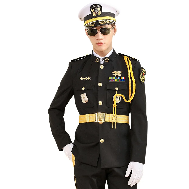 

Seaman's Uniform Stand Collar Suit Black Set Aviation Costumes Captain's Security Uniform Outdoor Men Business Streetwear Suits