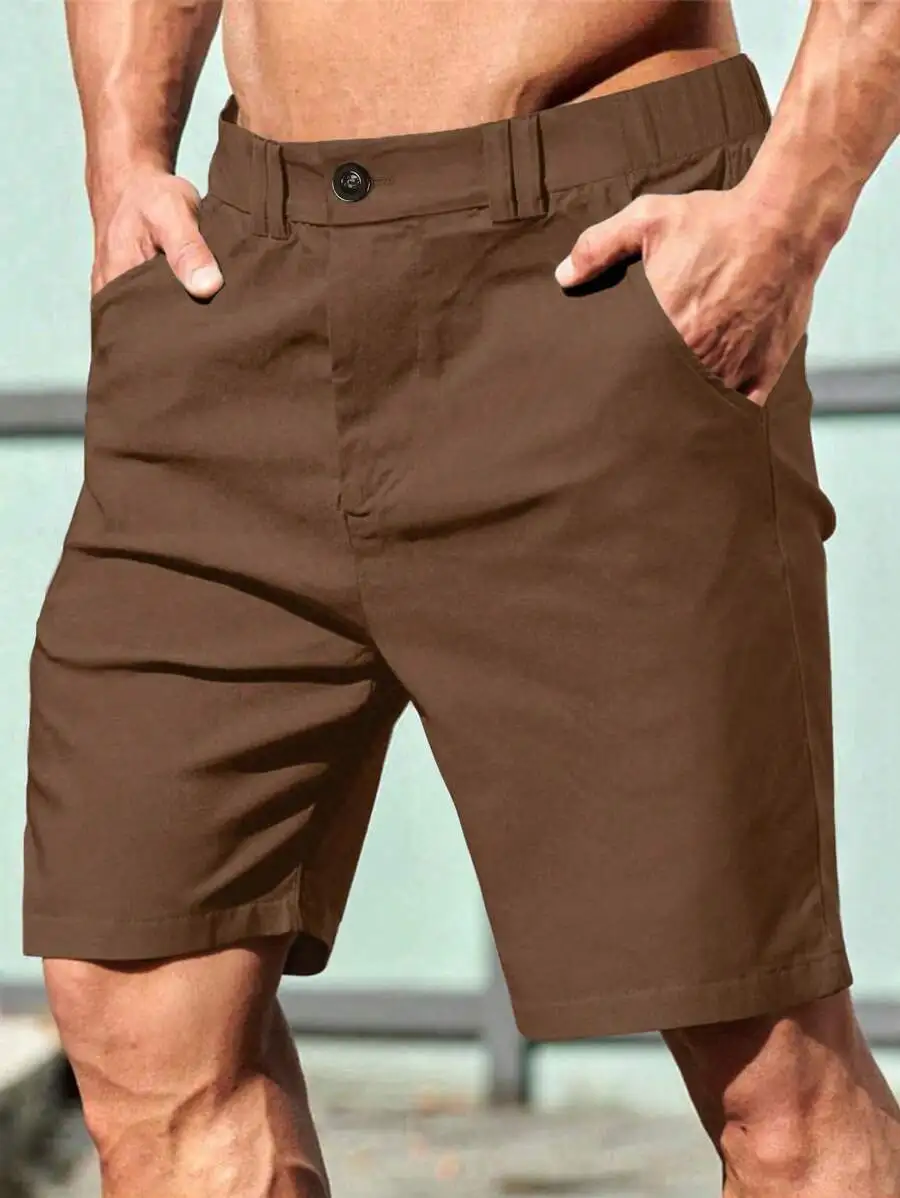 

Light Blue Solid Men’s Casual Shorts With Front Pockets And Button Closure For Summer Wear