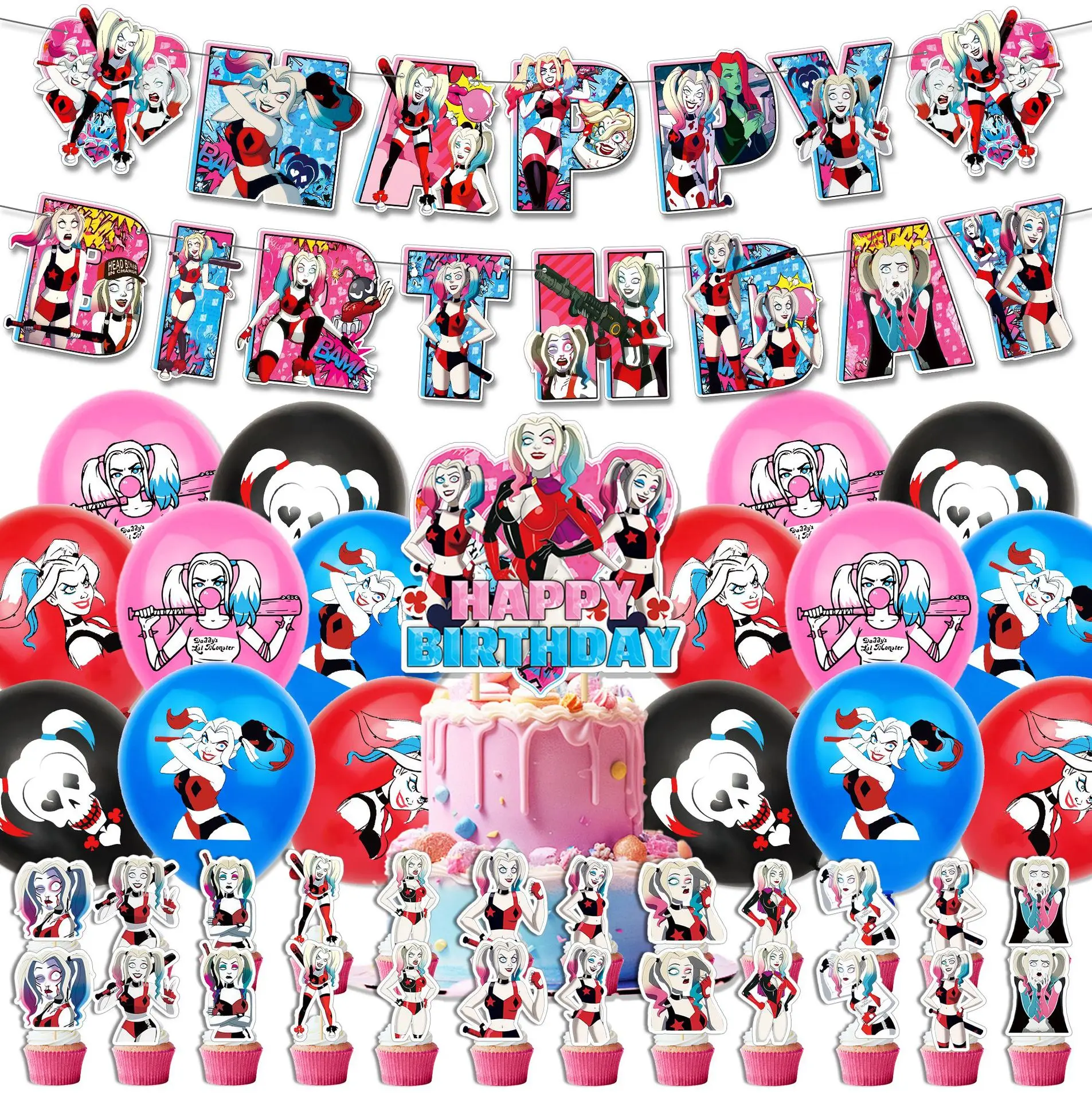 Suicided Harleyed Balloons Squading Quinn Latex Ballons Pink Joker Princess Party Decor Happy Birthday Banner Girl Cake Toppers