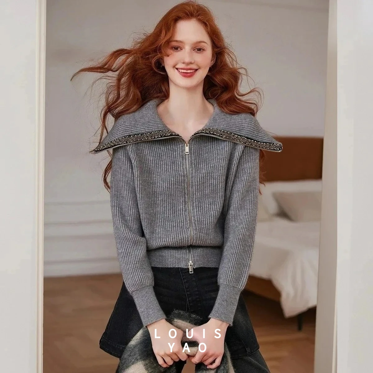 

LOUISYAO Zip-Front Beaded Ribbed Cardigan 2025 Autumn/Winter Delicate Wide Collar Outerwear-Style Women's Knitwear