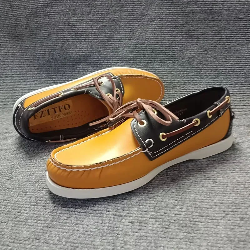 Zapatos náuticos clásicos de cuero de plena flor, calzado informal para hombre, mocasines de lujo de marca cosidos a mano, mocasines para hombre