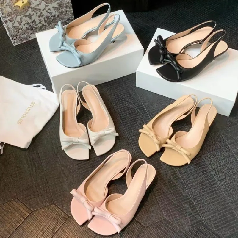 2026 New Designer Square Bow Women's Sandals with Root Strap At The Back Two Piece Middle Heel Women's Sandals