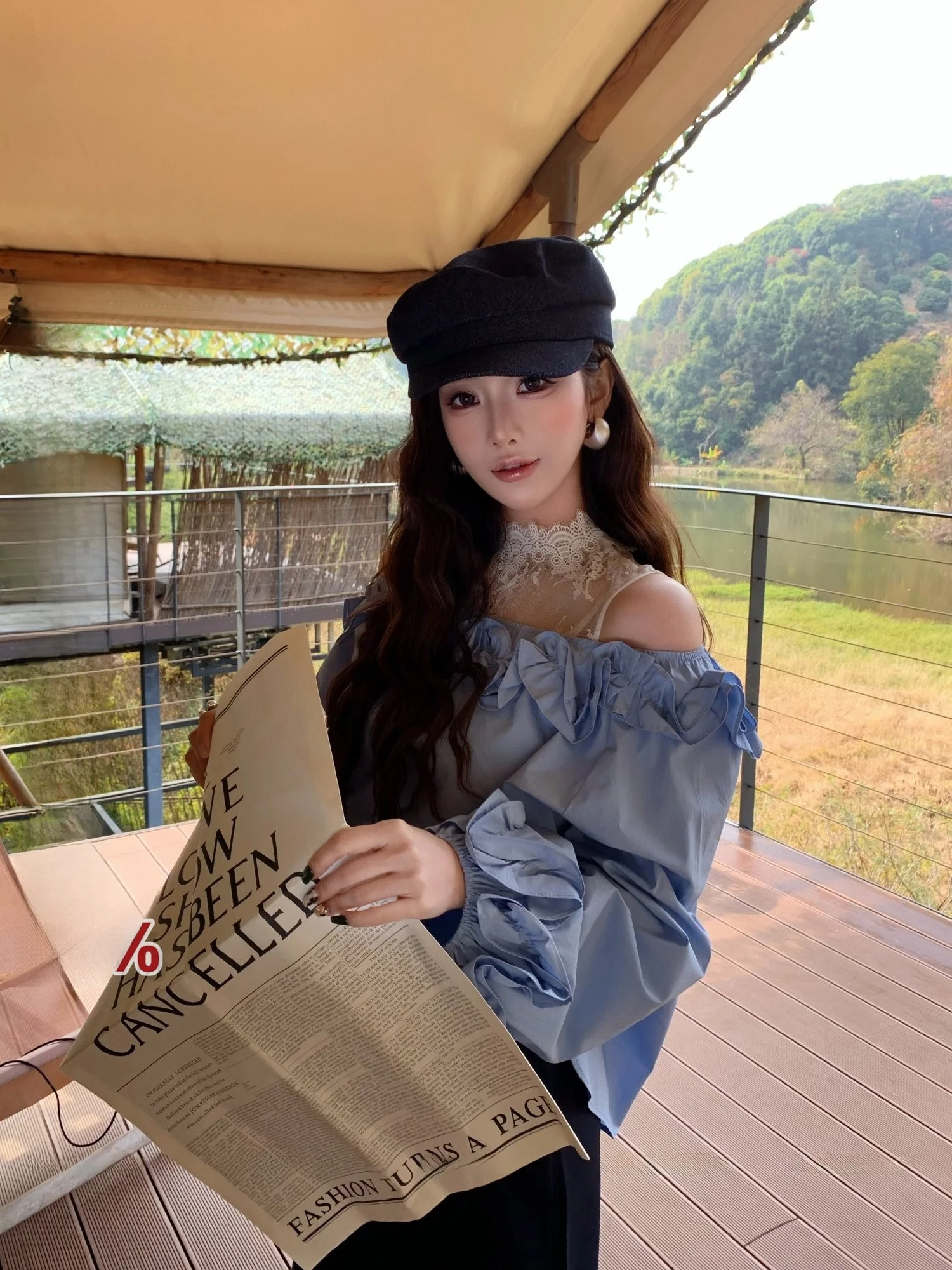 

Loose Long Sve Blue irt Women Casual Sle Cotton Comfortable Breathable One oulder Design Salt And Pepper Lace Detail