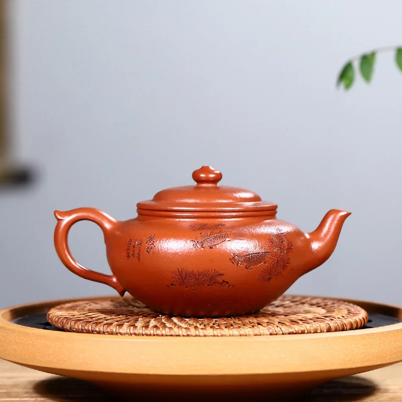 Drop-Shipping Yixing Pure Handmade Raw Ore Purple Clay Teapot With Engraved Flat Cherry Blossom Design High-End Tea Set