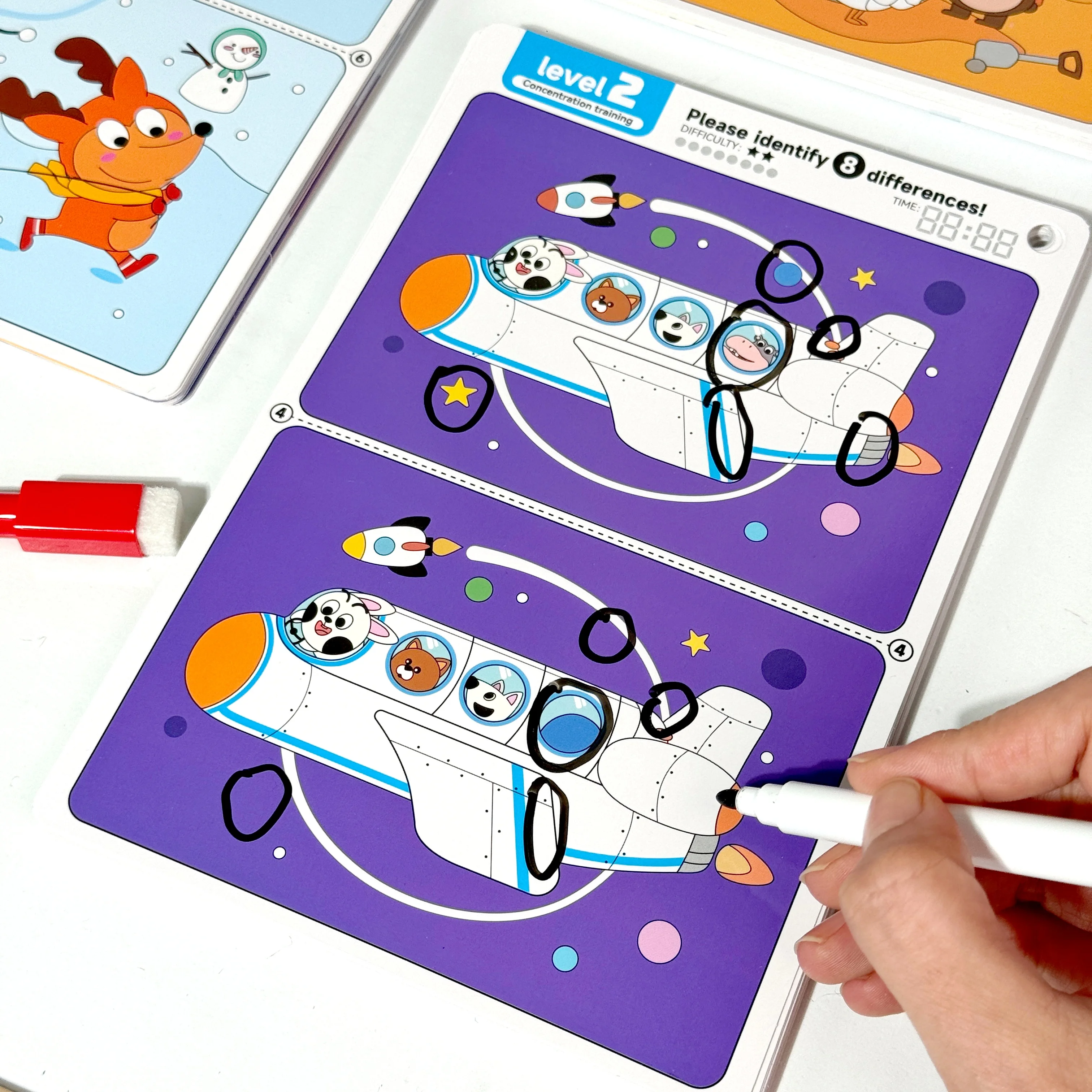 Drei Sätze „Find the Difference“-Spiel, Konzentrationstrainingsset, 10-Blatt/Set, interaktives und interessantes Lernspielzeug für Kinder, Intelligenz-Räumungsräume, Partygeschenke können gelöscht und wiederverwendet werden