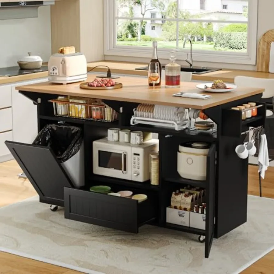 65 Kitchen Island with Drop Leaf, Mobile Island Table for Kitchen with Trash Can Storage, Wood, Natural, Foldable and Space-Sav