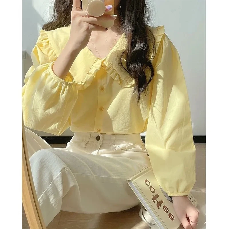 Women Doll Collar Spring Retro Style Milk Yellow Design Sense Long Sleeved Cardigan Blouse Female French Solid Color Shirt Tops