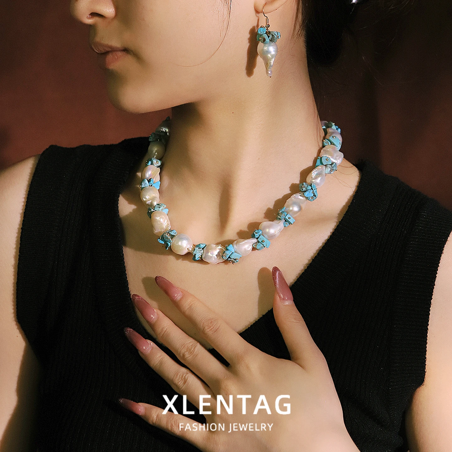 Baroque Freshwater Pearl Turquoise Two Piece Set for Women 's Gift Wedding Jewelry Dainty Pearl Necklace Earrings Boho Jewelry