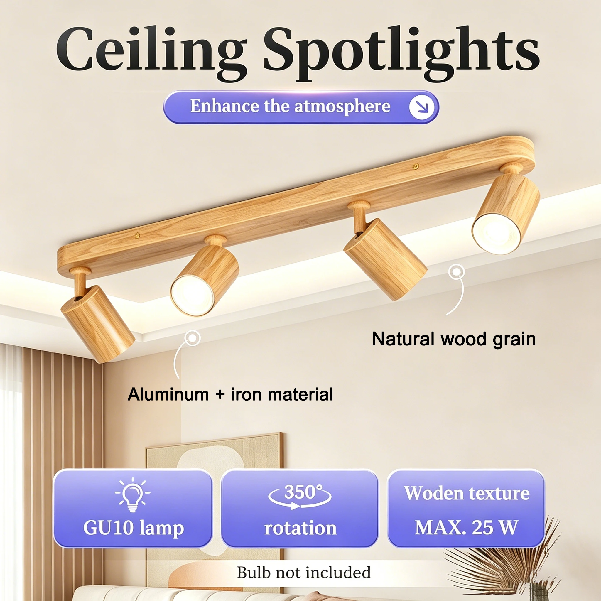 Wood Grain Spotlight Led Ceiling Light Indoor Replacement GU10 Bulb Spot Lighting for Living Room Corridor Decor Wall Spots Lamp