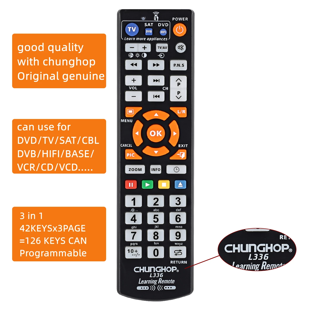 Universal CHUNGHOP L336 Remote Control With Learning Function Copy TV CBL DVD SAT STB DVB HIFI TV BOX VCR 3 in 1 Programmable