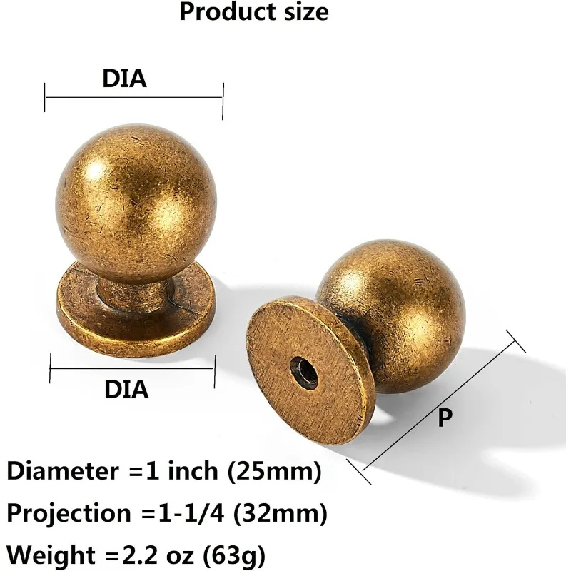 30 Pack 1 Inch (25mm) Diameter Round Solid Vintage Antique Brass Finish Kitchen Cabinet Knobs,Ball Cabinet knobs.