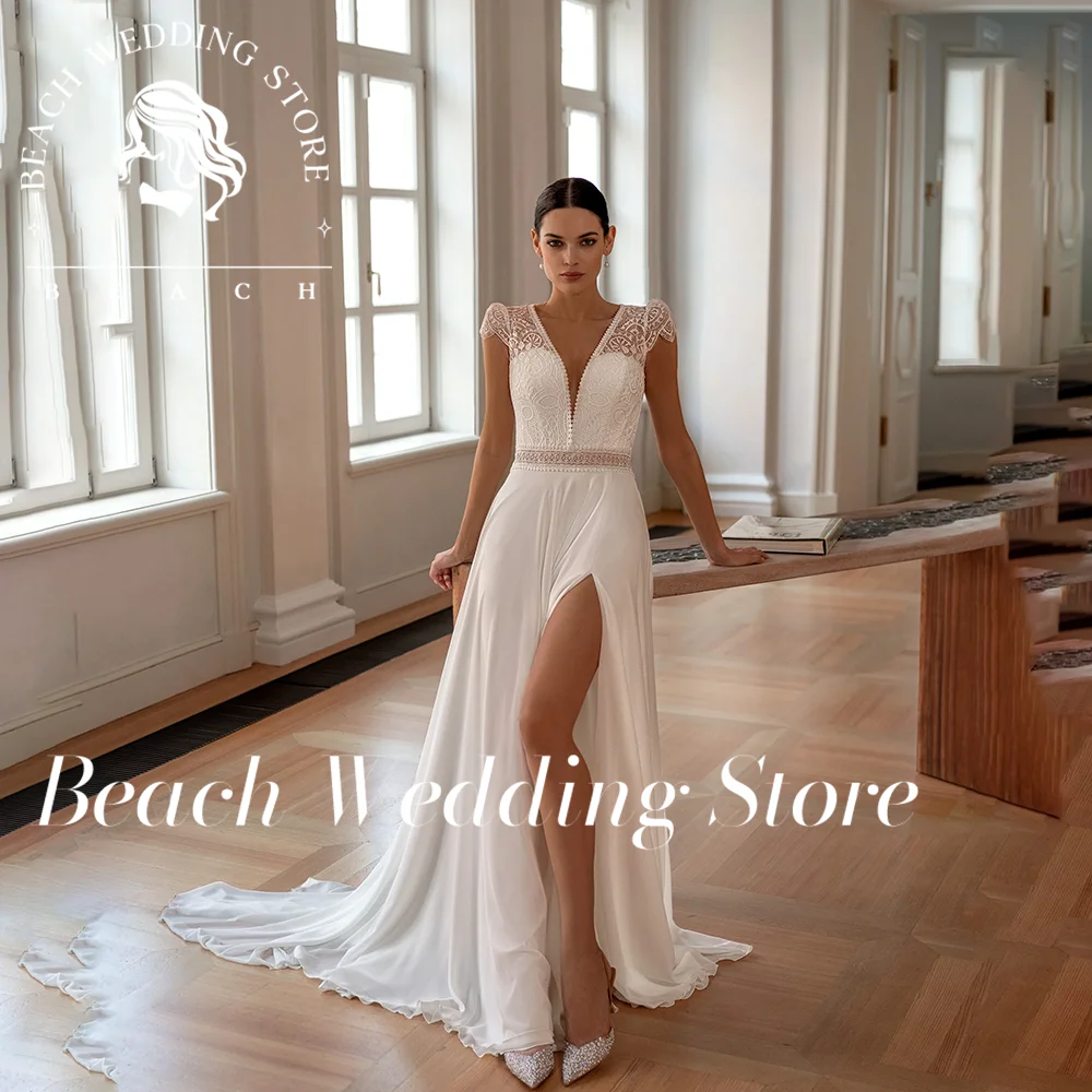 

Beach Lace V-Neck Short Sleeves A-Line、 Open Back Wedding Dresses with Slit 2025 Elegant Tulle Simple Bridal Gowns Customized