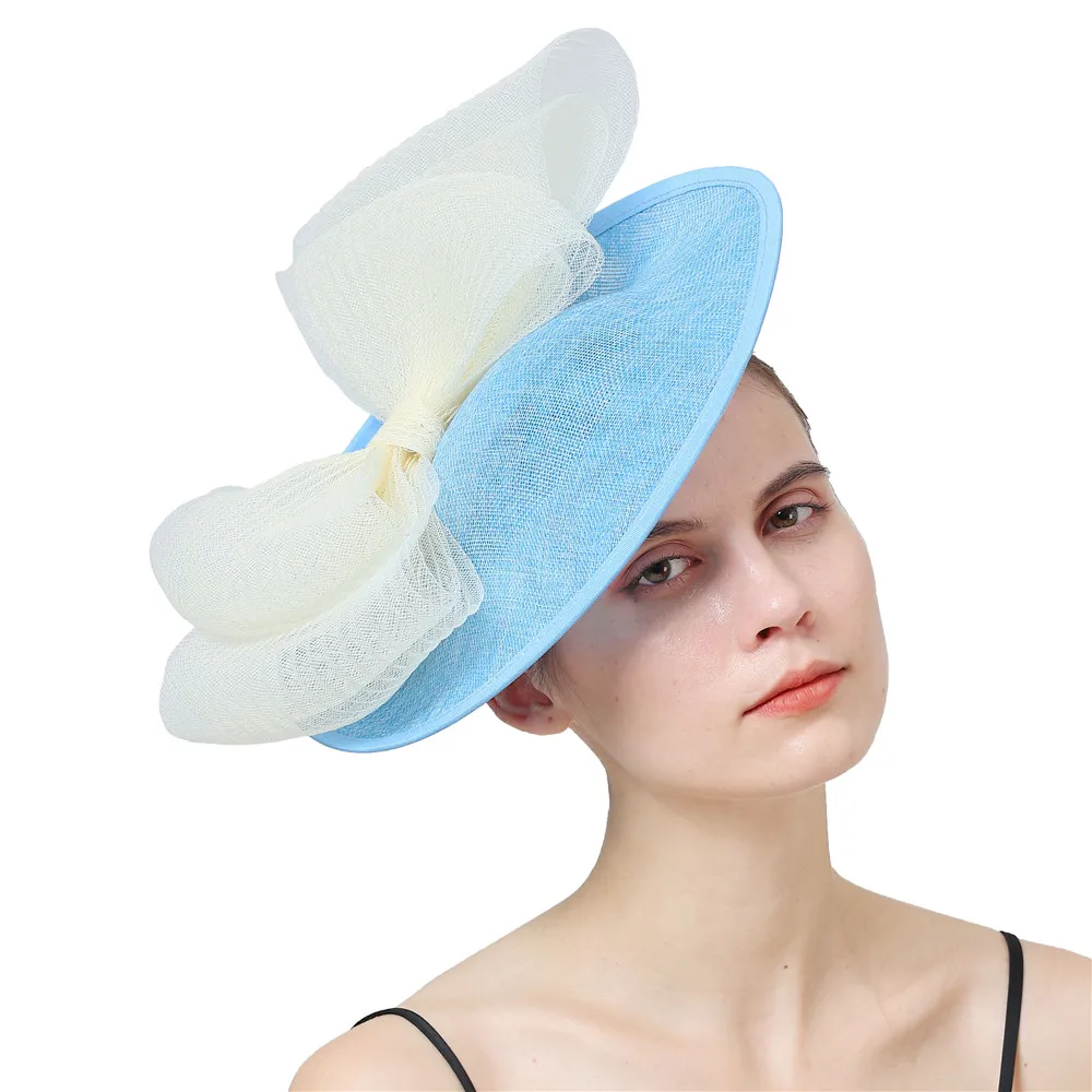 

Formal Fascinators Hat Beige Bowknot Flower Light Blue Cocktail Fedoras Derby Accessory Headbands Lady Chuch Headpiece Headwear