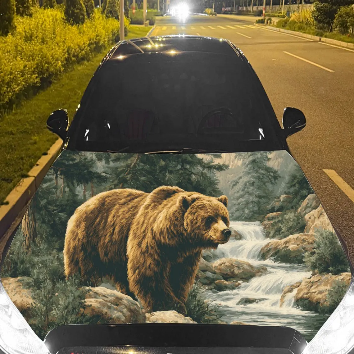 Car Decal Bear with Flowing Stream-Rocky Terrain Textured Motif in Artistic Wildlife-Mighty Style - Bold Terrestrial Powerful Fa