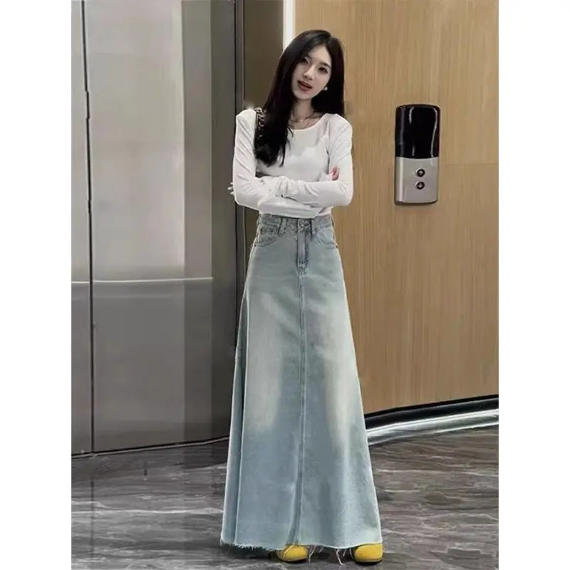 

Retro Denim Skirt Women plus Size Conceal Belly Pear Body ape Slimming Long Skirt High Waist A-Line Casual Polyester F...