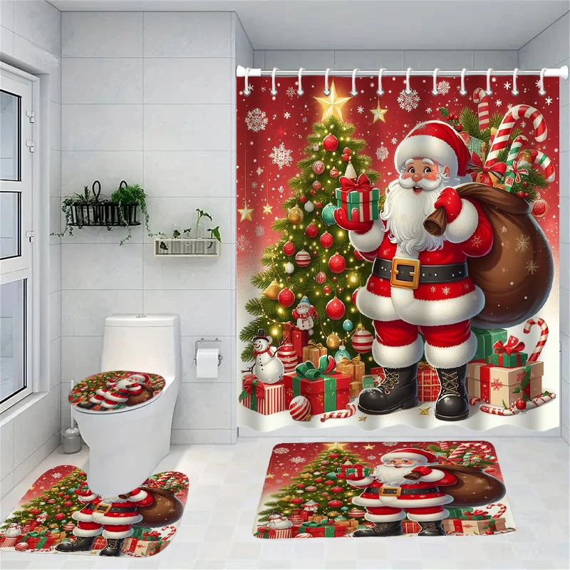 

Christmas Santa Claus Shower Curtain Bath Sets Non-Slip Bathroom Rug Toilet U With 12 Hooks bathroom decor and accessories、