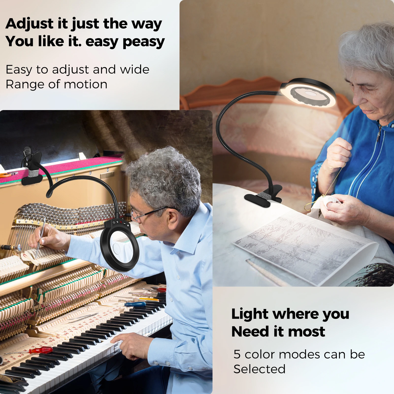 NEWACALOX 5X+10X Magnifying Glass with Light Flexible Gooseneck Arm 5 Color Modes Magnifier Lamp Reading Lamp for DIY Craft