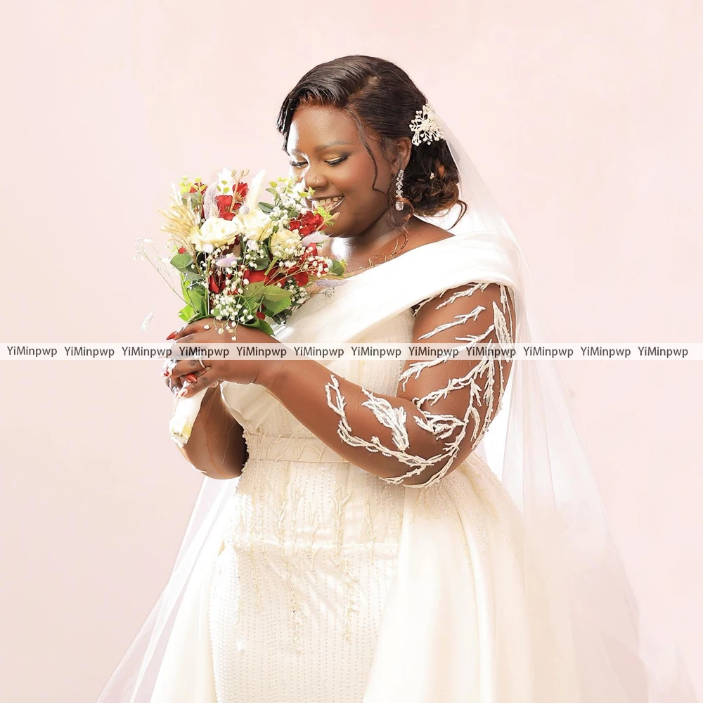 Beaded African Satin Wedding Dresses Bride Mermaid Long Sleeves O-Neck Applique Bridal Gowns Corset Wedding Gowns Customized