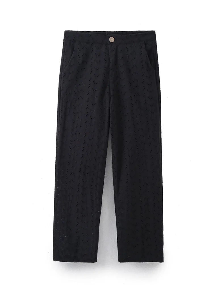 KAOPU ZA Women with cutwork embroidery cropped shirt and high waist side pocket pants two pieces sets mujer