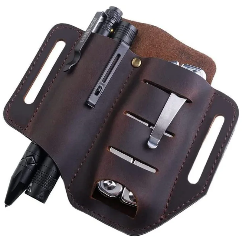 1 Pc EDC Organizer Leather Sheath for Blet Knife Tool Flashlight Tactical Pen and EDC Gears 2 Pockets Belt Cowhide Slip Sheath