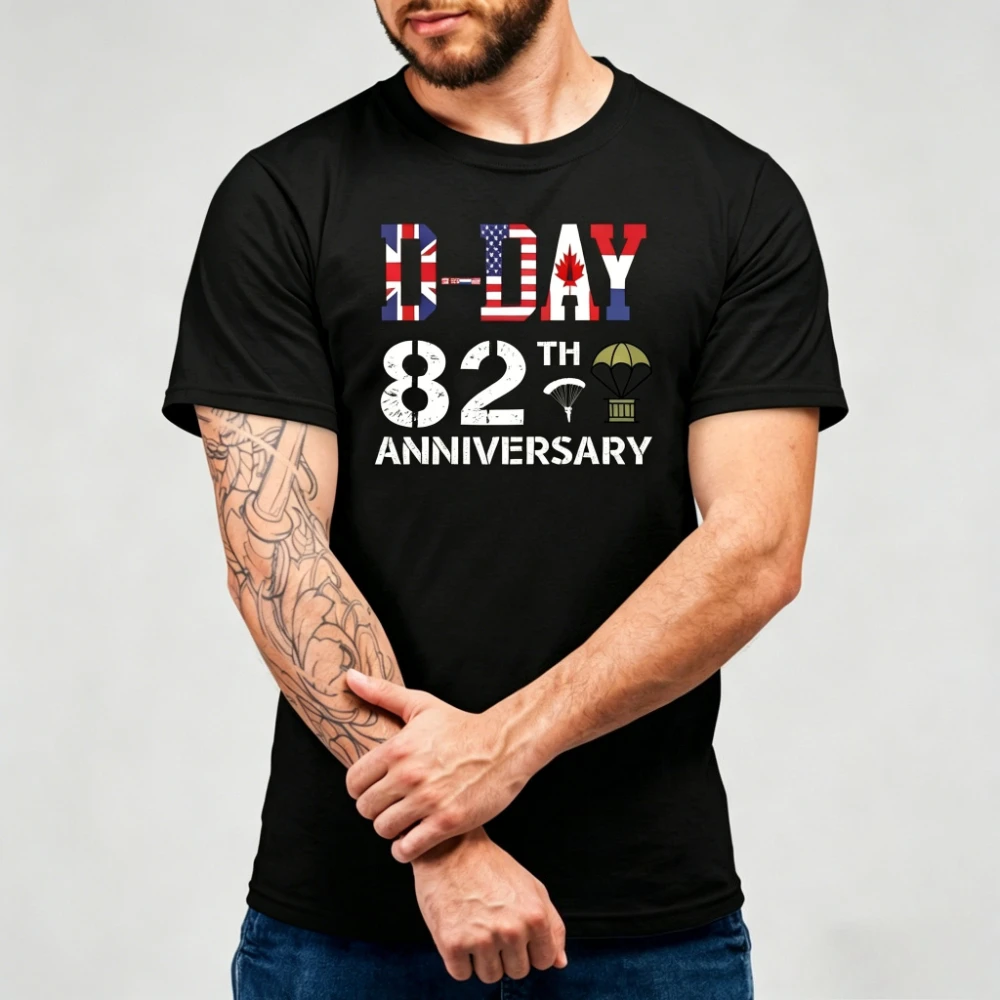 D-Day 82nd Anniversary Graphic T-Shirt Vintage Allied Flags Print Shirt Normandy Landing Commemorative Patriotic History Tee view 2