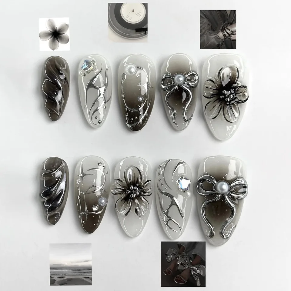 24 piezas de uñas postizas con lazo plateado y diamantes, estilo chica picante, con pegamento, en forma de almendra, negras, estilo Y2K 2