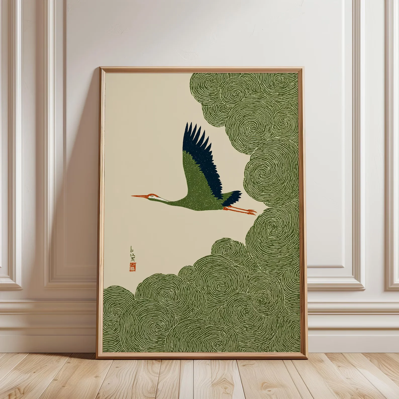 Retro japanischer Kranich in wirbelnden Wolkenhimmel-Wandbildern auf Leinwand, ungerahmte japanische Wandkunstdrucke für die Wohnzimmerdekoration