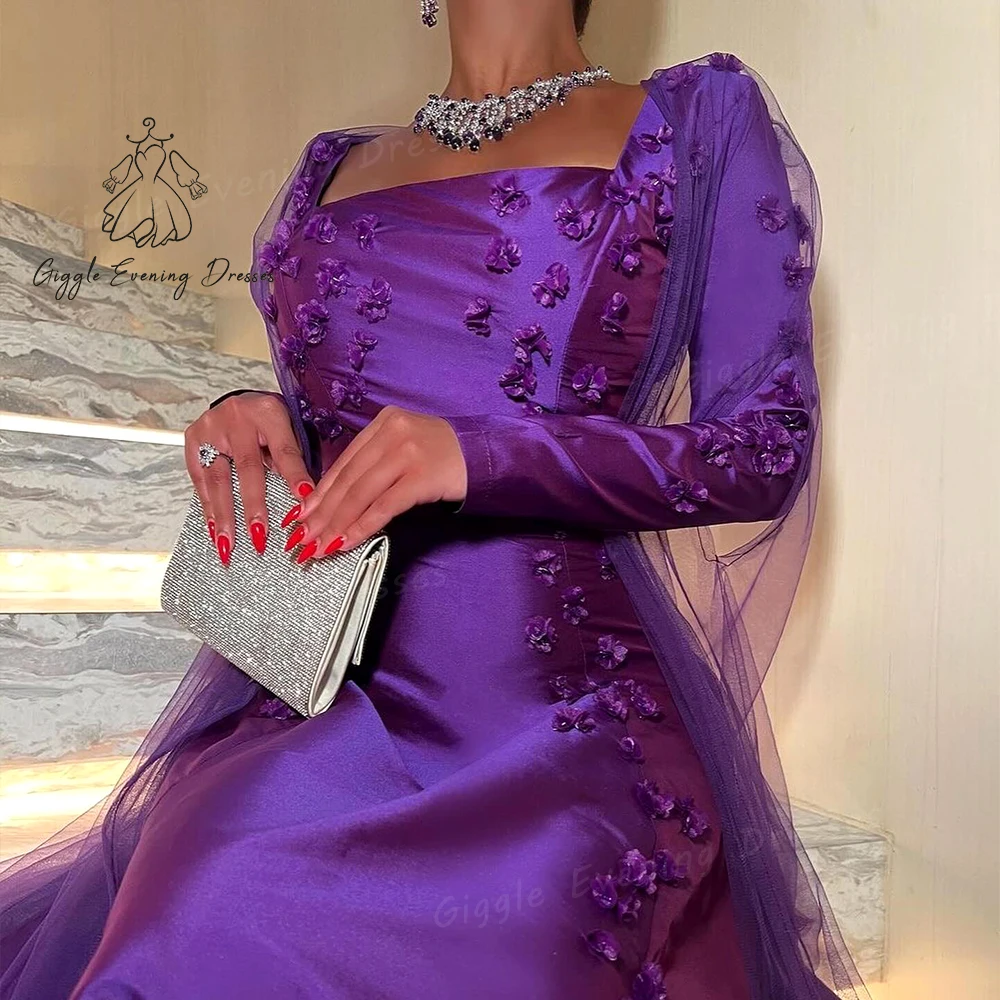 Giggle Square collar Satin Luxury Appliques A-Line Party gown Floor Length Long Sleeve saudi evening dresses women elegant 2024