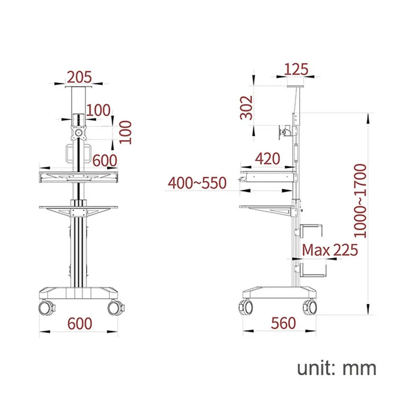 Medical Trolley Medical Workstation With One / Double Monitor/Camera Mounts Mobile Hospital Cart for Clinic School Home Office