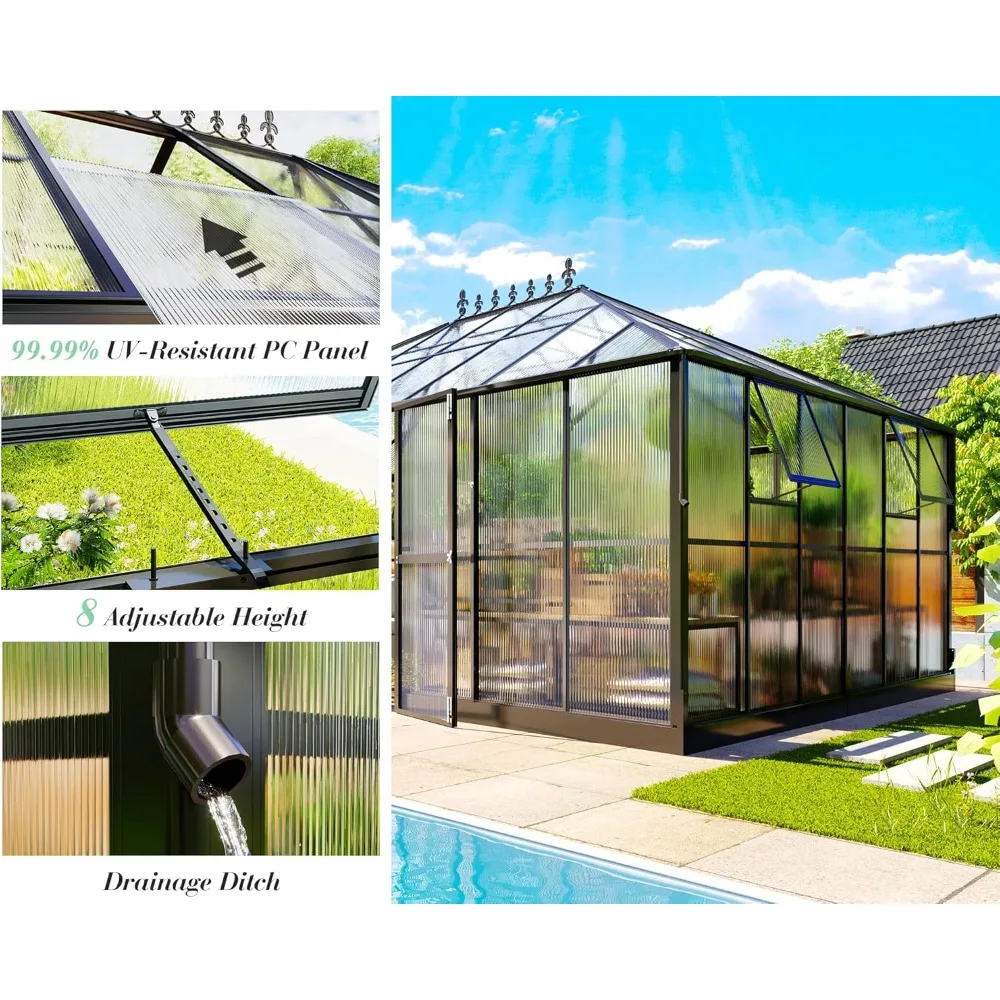 16x12x9.5 FT Polycarbonate Greenhouse- 6 FT Wall Height Outdoor Aluminum Greenhouses with 2 Ventilation, Walk-in Greenhouse